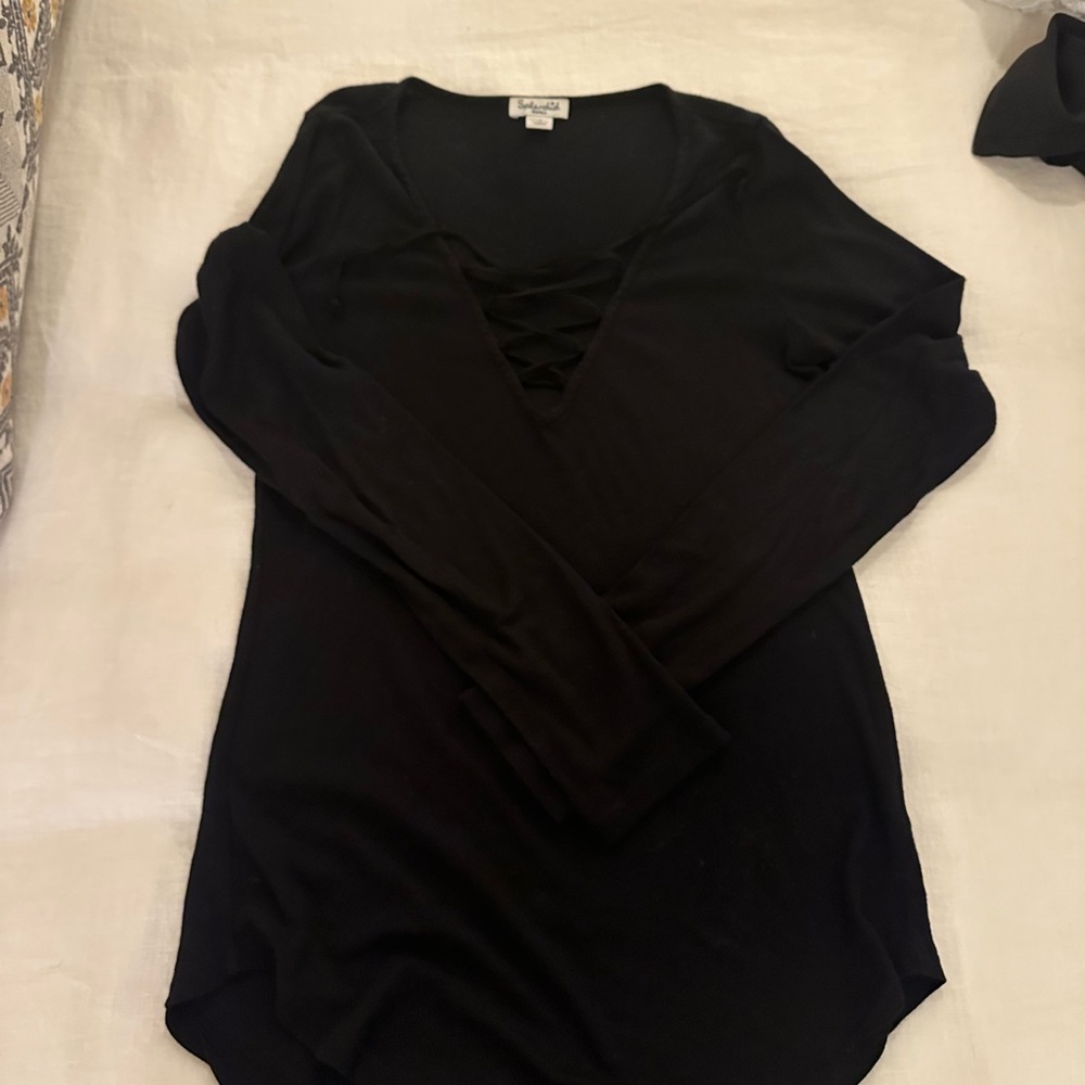 Splendid Black Long Sleeve Tie Front Bodysuit